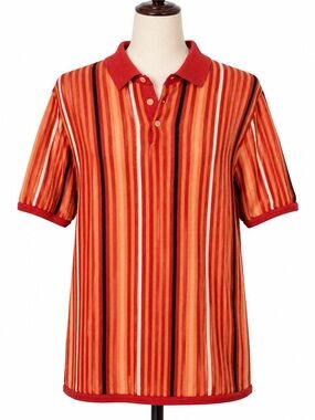 Vintage Perry Ellis Men's orange / red knit Striped Polo Shirt. M-L